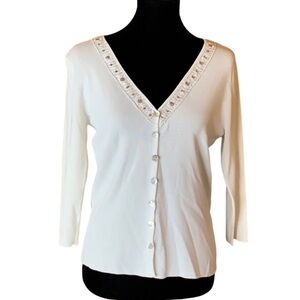 LouLou white lightweight knit cardigan with rhinestone embellishment Size Medium
